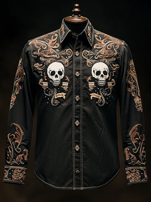 Men's Retro Casual Skull Print Long Sleeve Shirt