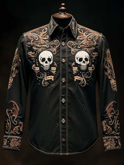 Men's Retro Casual Skull Print Long Sleeve Shirt