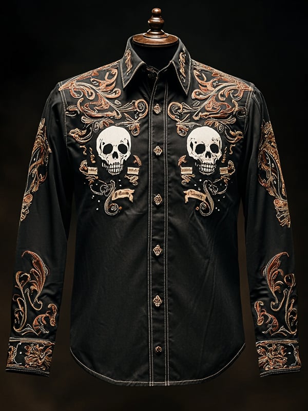 Men's Retro Casual Skull Print Long Sleeve Shirt