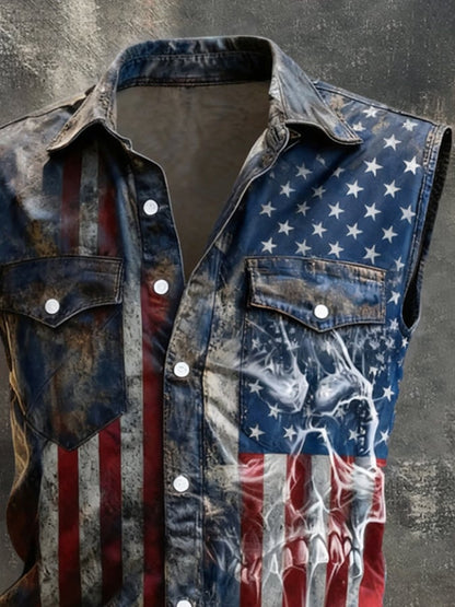 Men's Retro Patriotic Color-Block Printed Sleeveless Shirt
