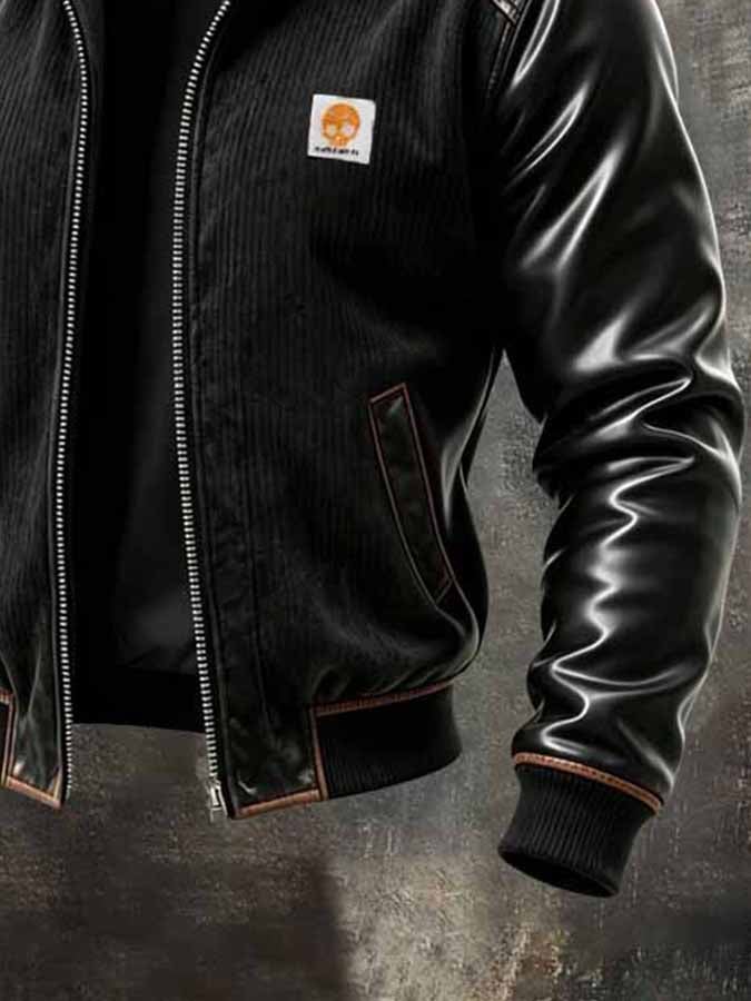 Men'S Retro Corduroy And Leather Panel Outdoor Jacket