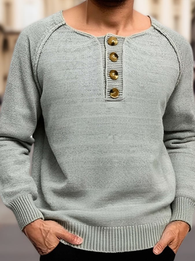 Men's Solid Color Henley Wool Pullover Sweater