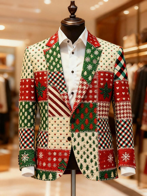 Men's Luxury Patchwork Christmas Print Lapel Suit Jacket