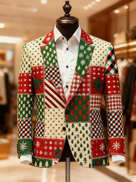 Men's Luxury Patchwork Christmas Print Lapel Suit Jacket
