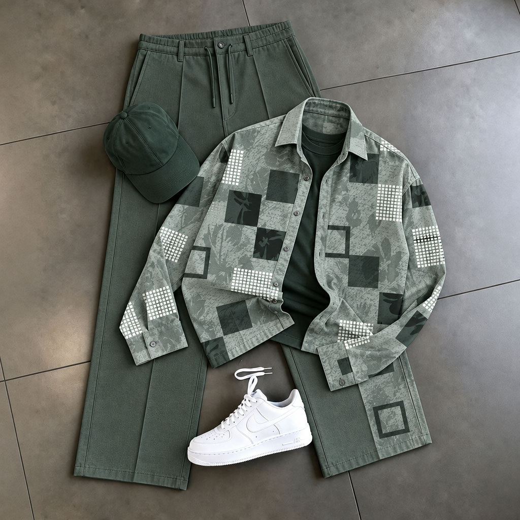 Men's Two-Piece Set: Color-Blocked Shirt and Pants