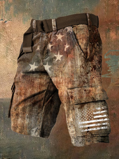 Men's Vintage Flag Independence Day Print Cargo Shorts (Without Belt)
