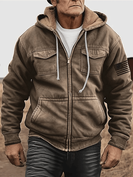 Western Vintage Men's Flag Printed Zipper Hooded Drawstring Jacket