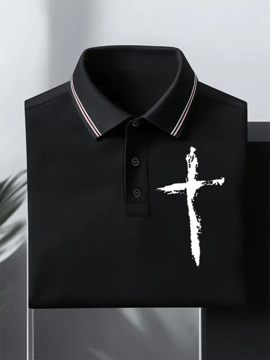 Men's Retro Faith Cross Print Polo Shirt