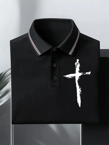 Men's Retro Faith Cross Print Polo Shirt