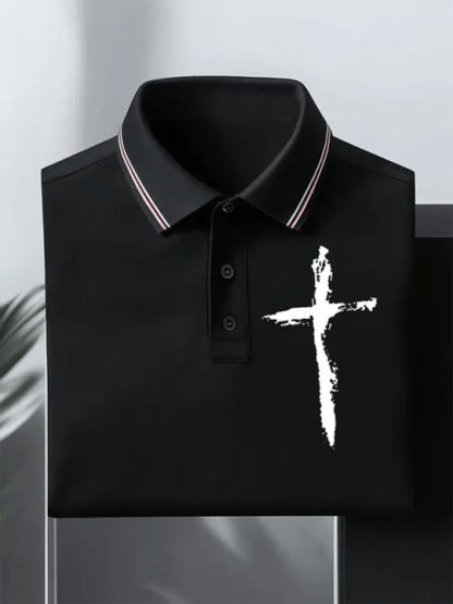 Men's Retro Faith Cross Print Polo Shirt