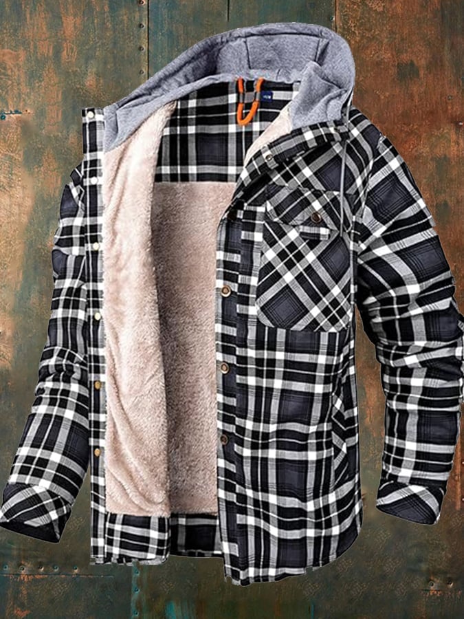 Men's Vintage Plaid Hooded Plus Velvet Autumn And Winter Jacket
