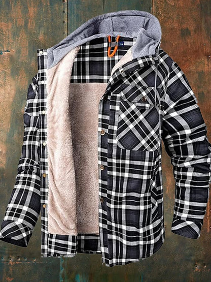 Men's Vintage Plaid Hooded Plus Velvet Autumn And Winter Jacket