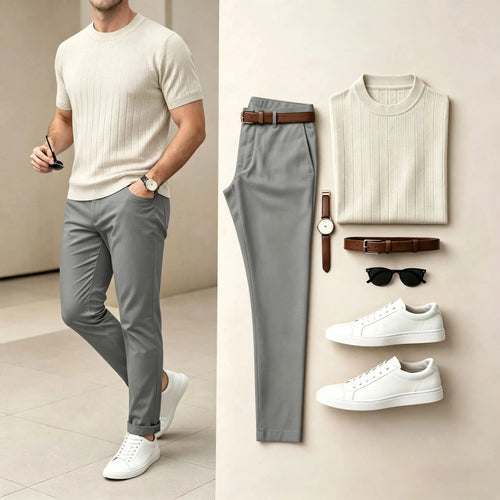 Men's Casual Textured Knit Crew-Neck Short-Sleeve T-Shirt and Pants Two-Piece Set (Accessories Not Included)