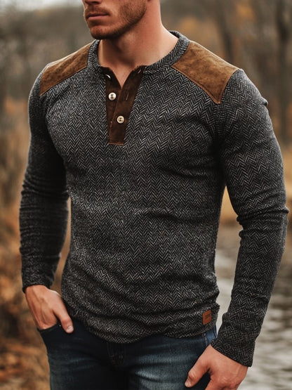 Men's Retro Casual Herringbone Colorblock Long Sleeve Henley Shirt