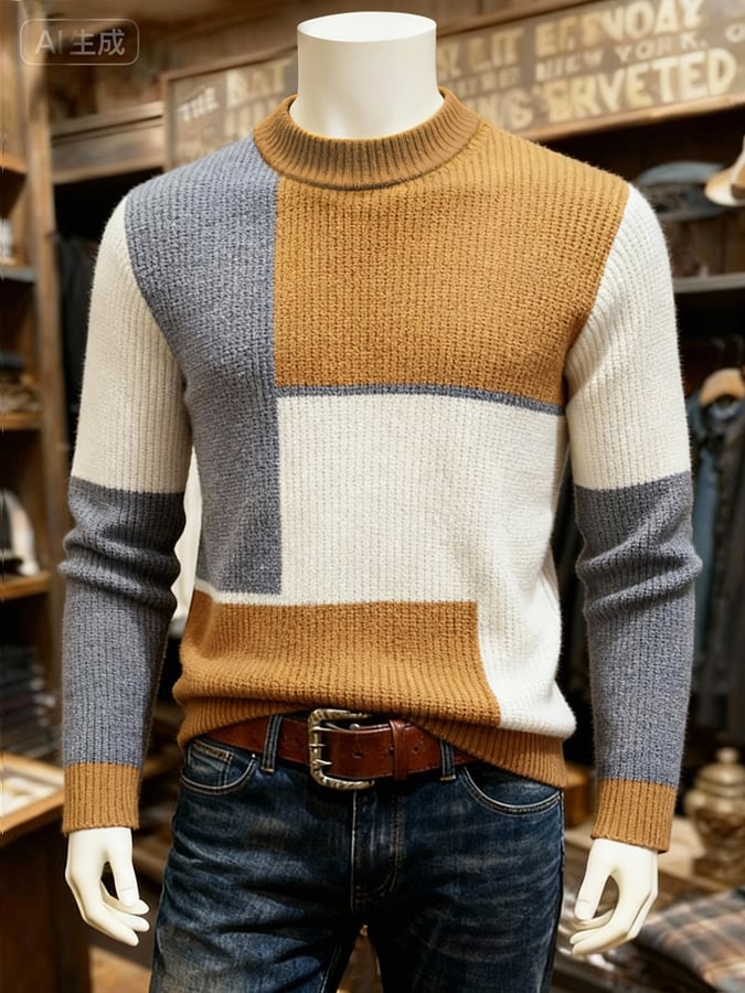 Men'S Warm Ribbed Contrast Color Mid-High Collar Sweater