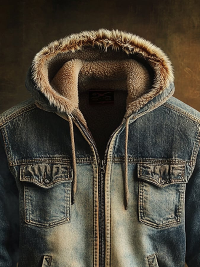 Men's Retro Denim Splicing Plush Hooded Jacket