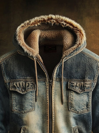 Men's Retro Denim Splicing Plush Hooded Jacket