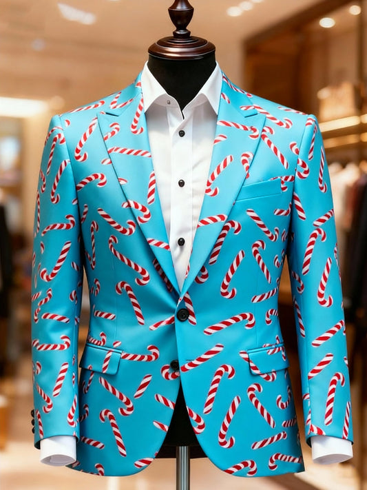 Men's Business Casual Large Pocket Notch Lapel Print Christmas Candy Canes Blazers