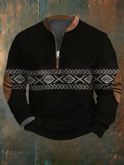 Men's Vintage Knitted Jacquard Design Printed Zipper Collar Sweatshirt