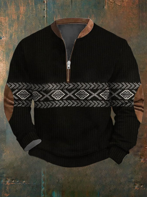 Men's Vintage Knitted Jacquard Design Printed Zipper Collar Sweatshirt