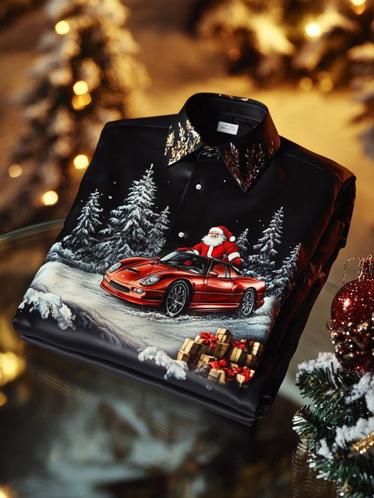 Men's Christmas Satin Luxe Long Sleeve Button Down Shirt