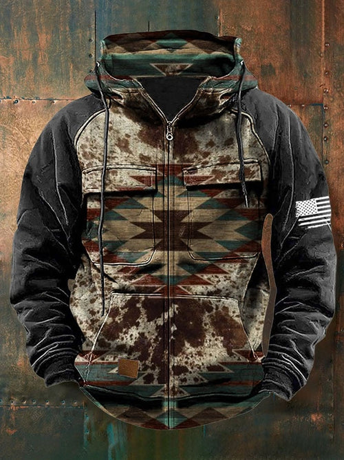 Men's Vintage Western Print Multi-Pocket Jacket