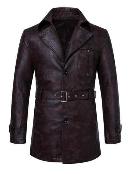 Men'S Stylish Suit Collar Mid-Length With Belt Casual Leather Trench Coat