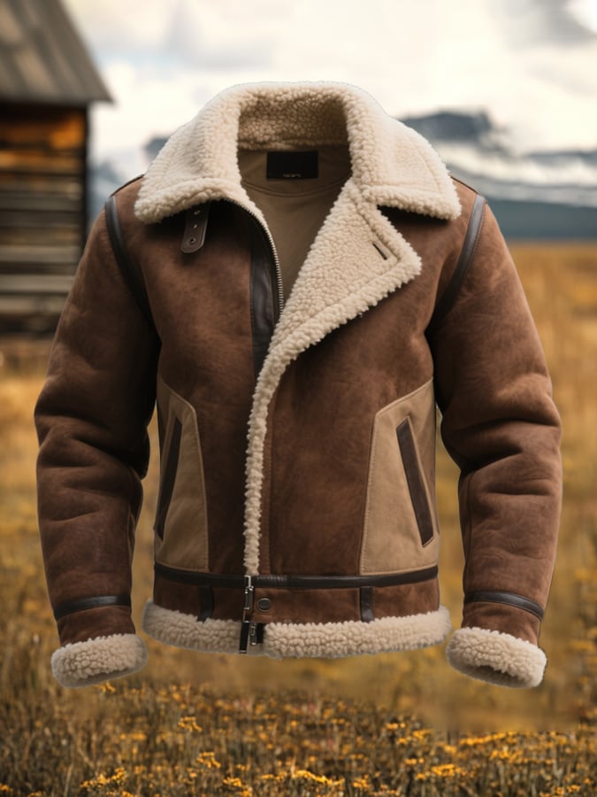 Men'S Vintage Suede Colorblock Lambswool Lapel Jacket