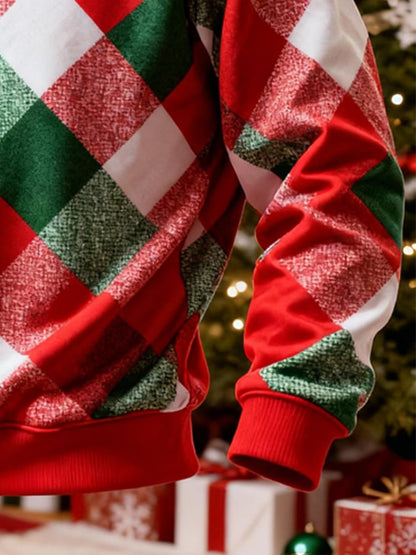 Men's Retro Color Block Print Christmas Fur Collar Sweatshirt