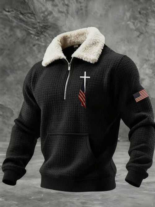 Men'S Classic Cross Flag Print Zip-Up Collar Sweatshirt