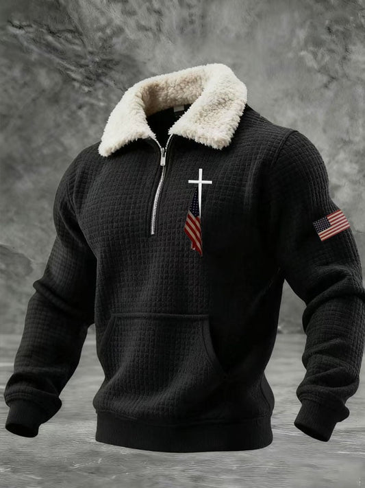 Men'S Classic Cross Flag Print Zip-Up Collar Sweatshirt