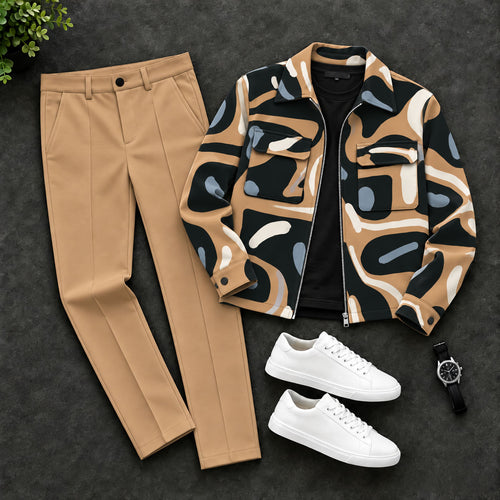 Men's Camouflage-Print Zip-Up Cardigan and Pants Set