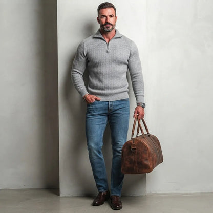 Men's Casual Gray Textured Ribbed Knit Slim Fit Quarter Zip Pullover Sweater