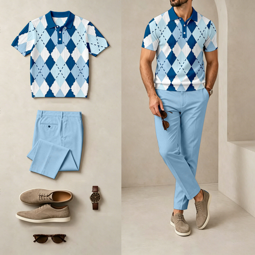 Men's Casual Diamond-Patterned Short-Sleeve Polo Shirt And Pants Set (Excludes Accessories Such As Watches And Glasses)