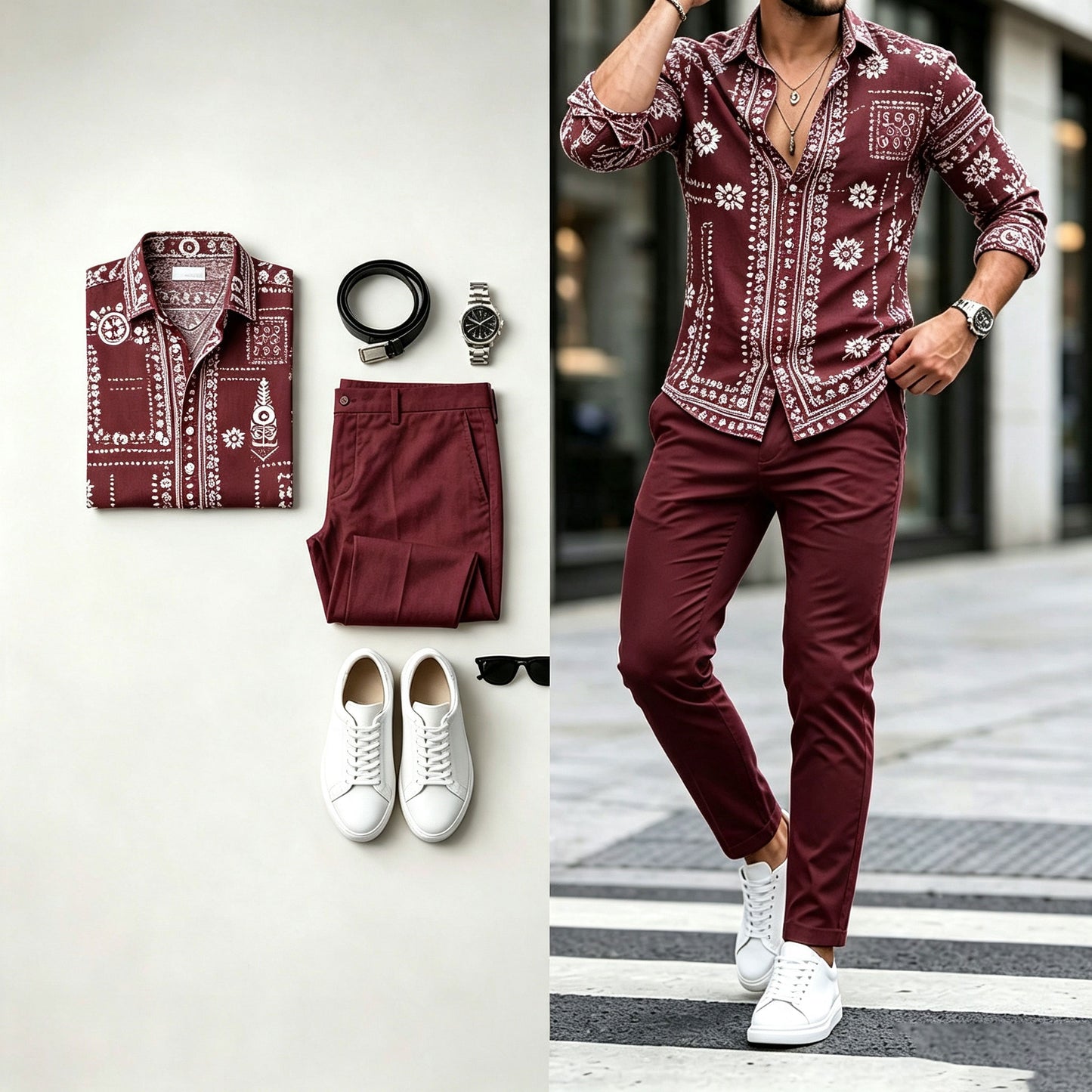 Men's Long-Sleeve Shirt and Pants Set with Diagonal Geometric Print