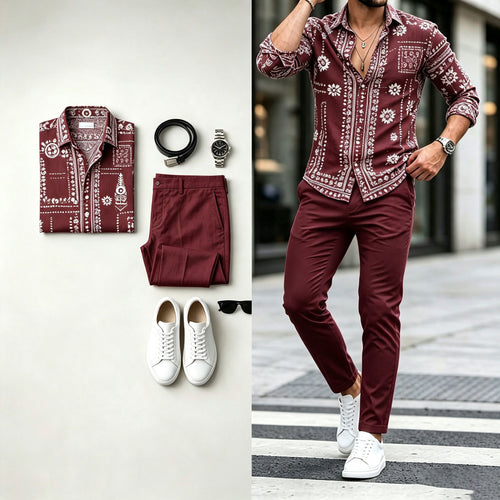 Men's Long-Sleeve Shirt and Pants Set with Diagonal Geometric Print