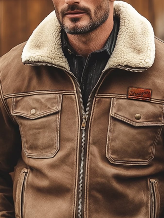 Men's Retro Classic Distressed Casual Fur Collar Pocket Jacket