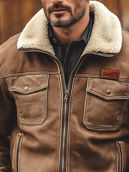 Men's Retro Classic Distressed Casual Fur Collar Pocket Jacket