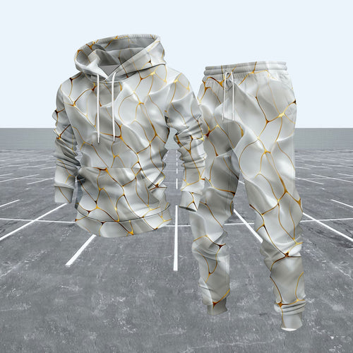 Men's Casual White & Gold Geometric Pattern Hoodies Long-Sleeve Sweatshirts & Sweatpants Two-Piece Set
