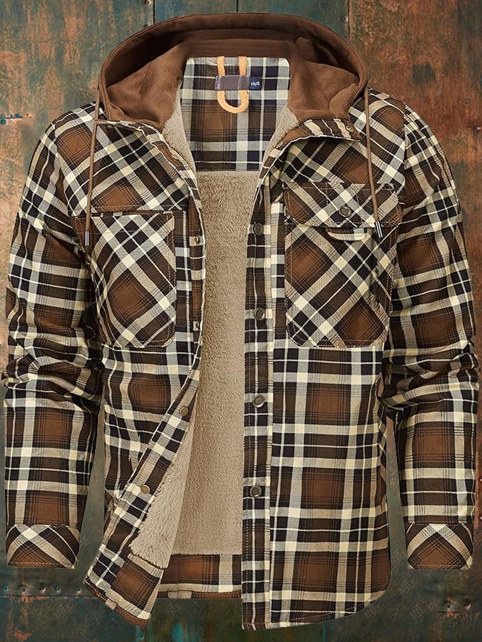 Men's Vintage Plaid Hooded Plus Velvet Autumn And Winter Jacket