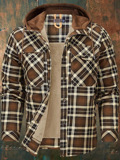 Men's Vintage Plaid Hooded Plus Velvet Autumn And Winter Jacket