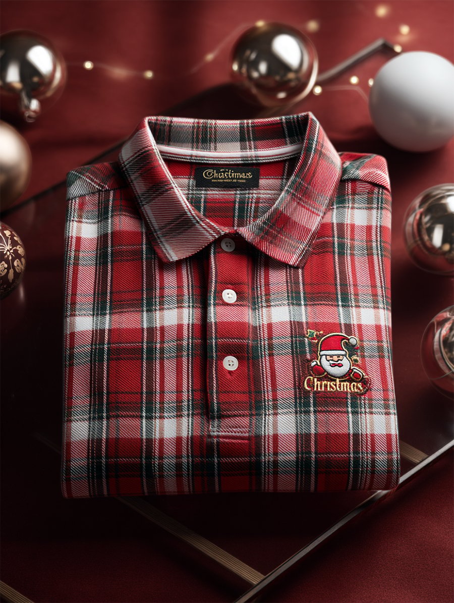 Men's Christmas Plaid Long Sleeve Polo Shirt