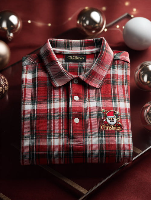 Men's Christmas Plaid Long Sleeve Polo Shirt
