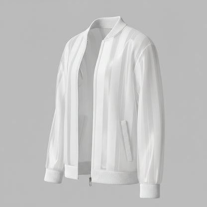 Men's Stylish White Organza Semi-Sheer Striped Zip-Up Jacket