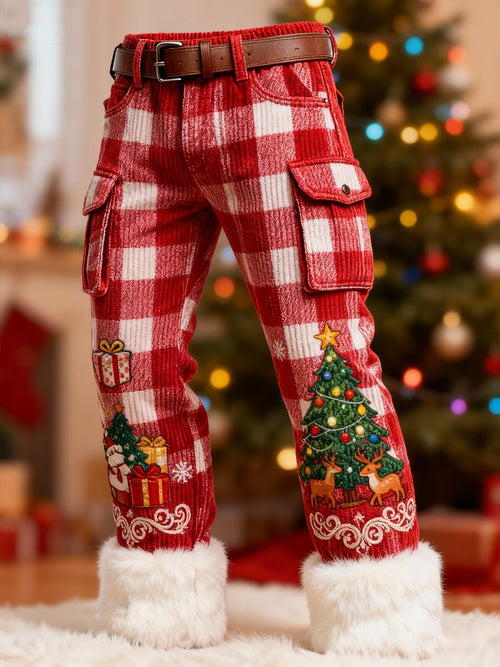 Men's Christmas Red and White Check Corduroy Pants