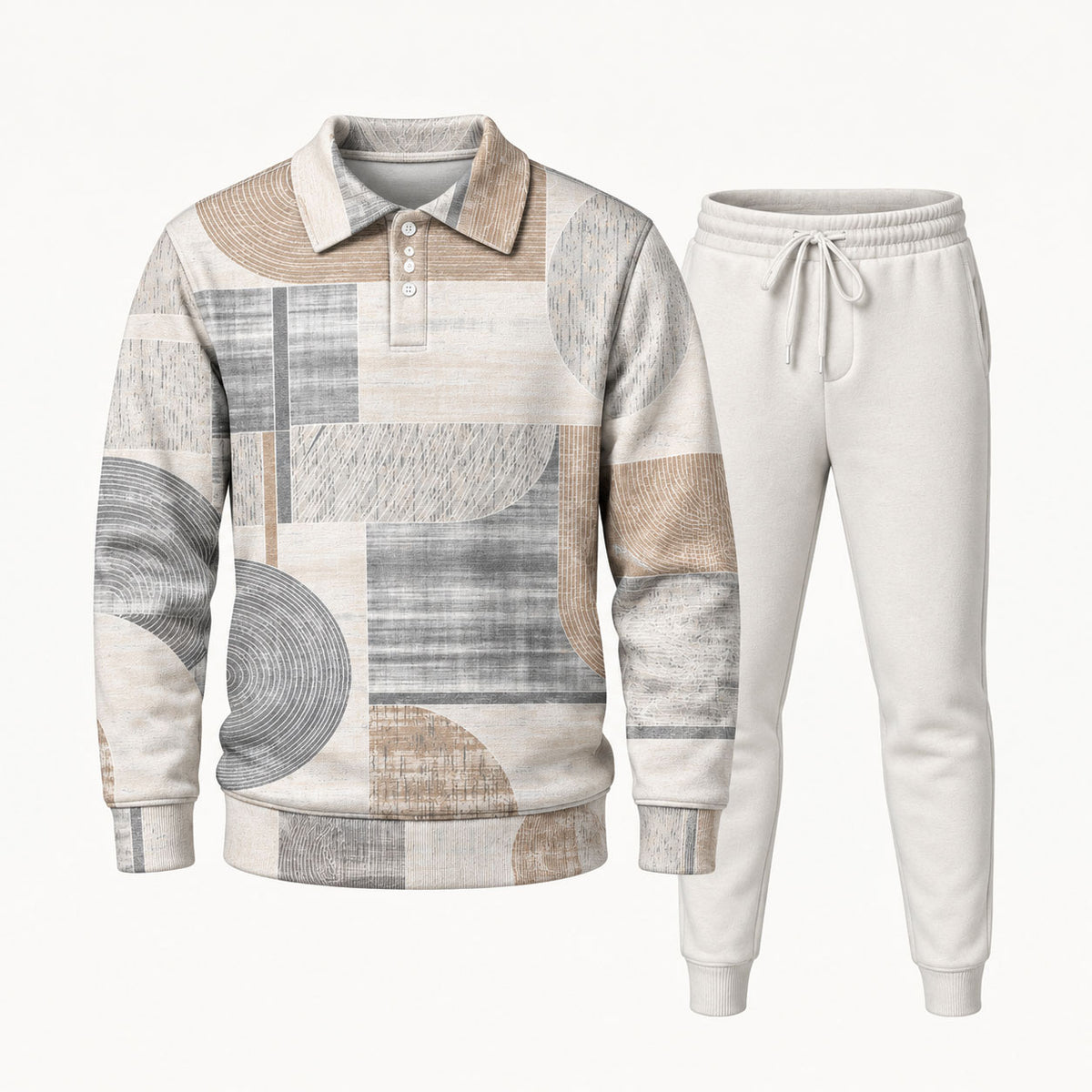 Men's Geometric Print Polo Shirt and Pants Set