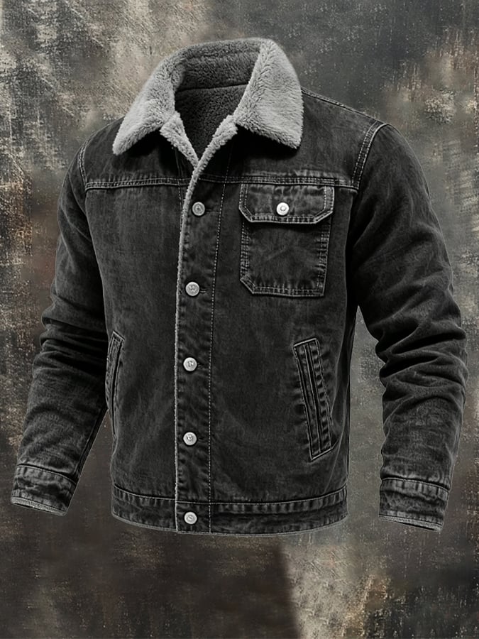Men's Vintage Washed Denim Plus Fleece Warm Outdoor Jacket
