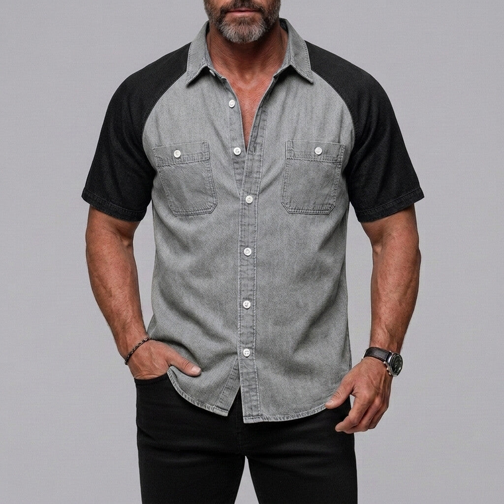 Men's Casual Patch Pockets Button-Up Colorblock Raglan Sleeve Shirt