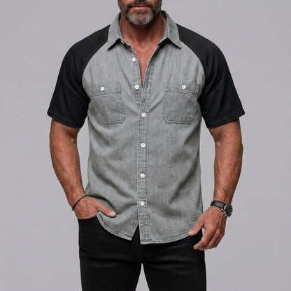 Men's Casual Patch Pockets Button-Up Colorblock Raglan Sleeve Shirt