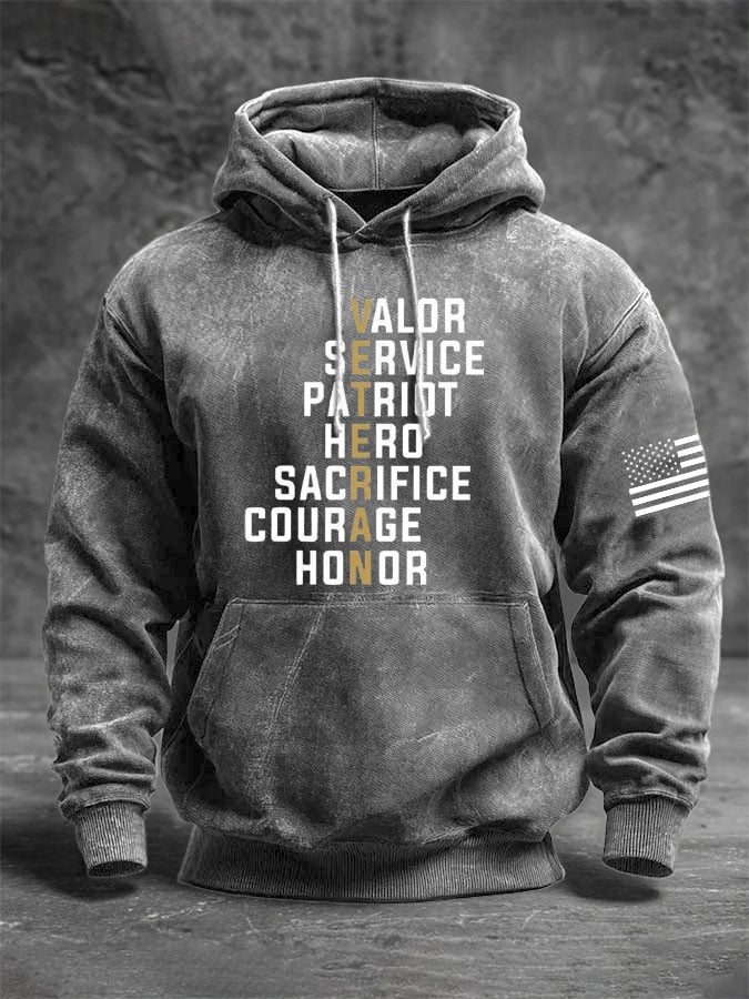 Men's Vintage Veteran Print Casual Long-sleeved Hooded Sweatshirt